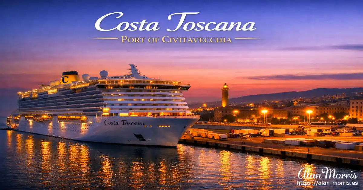 Costa Toscana docked at Civitavecchia at dawn with lights reflecting on calm water.