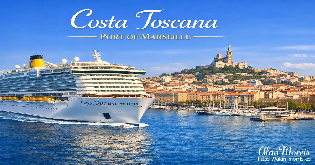 Costa Toscana cruise ship docked in Marseille with the Old Port and Notre‑Dame de la Garde in the background.