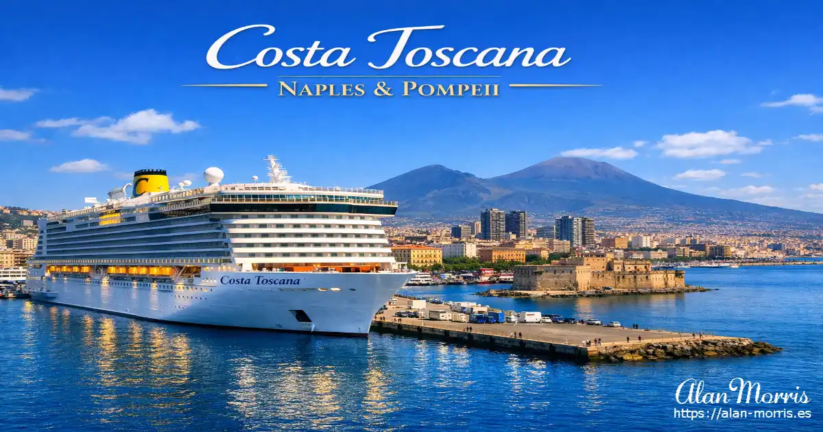 Costa Toscana docked in Naples at midday with the city skyline and Mount Vesuvius behind it.