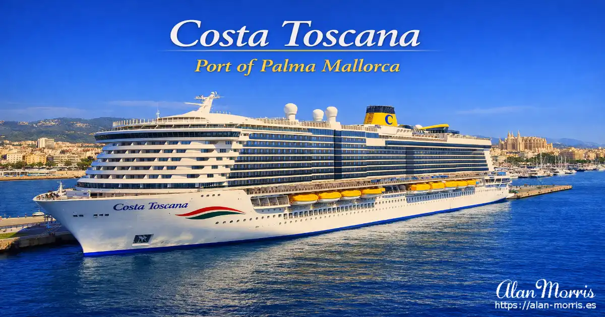 Costa Toscana cruise ship docked at Palma Mallorca port under a clear Mediterranean sky.