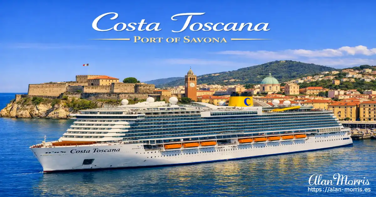 Costa Toscana cruise ship docked in Savona harbor with the Priamar Fortress and Torre Leon Pancaldo visible under a clear blue sky.