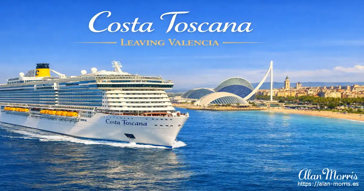 Costa Toscana cruise ship sailing from Valencia with the city skyline and modern architecture in view