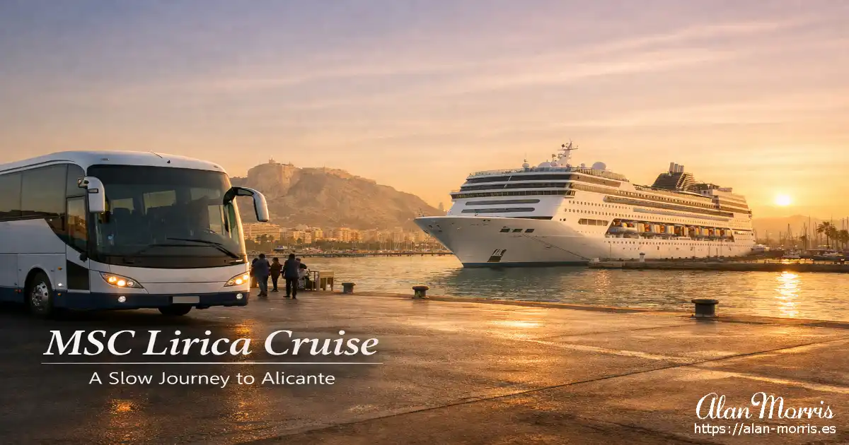 A calm harbor at sunset with a cruise ship docked beside a white tour bus.