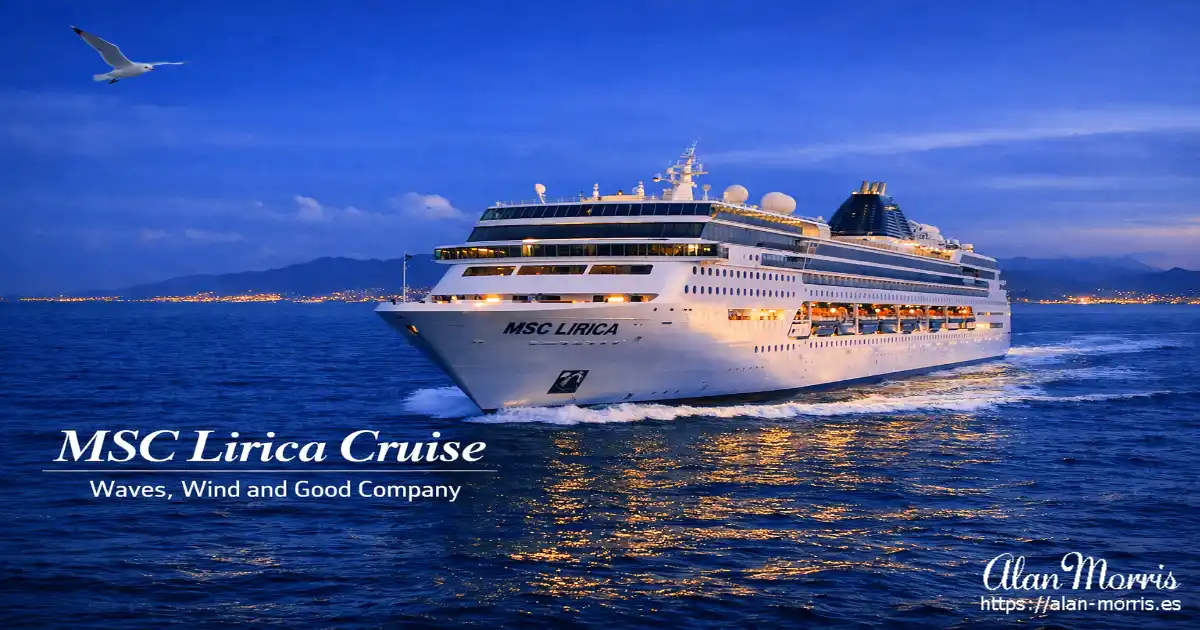 A twilight cruise ship sailing on calm blue water with distant city lights and mountains behind.