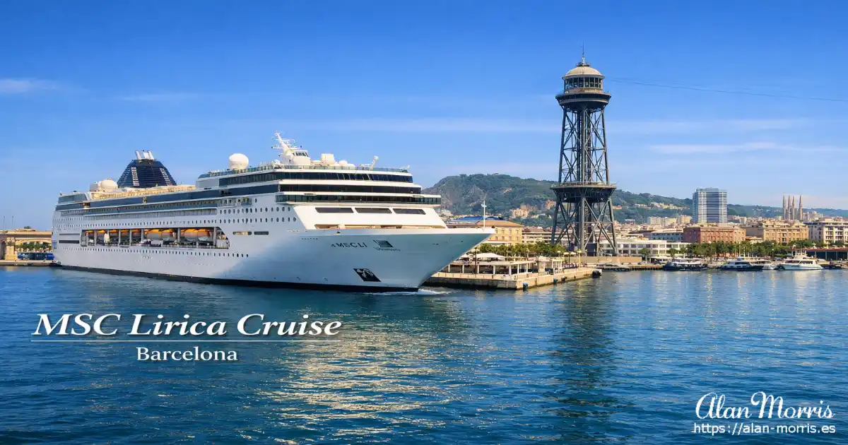 Cruise ship docked in Barcelona’s sunny harbor.