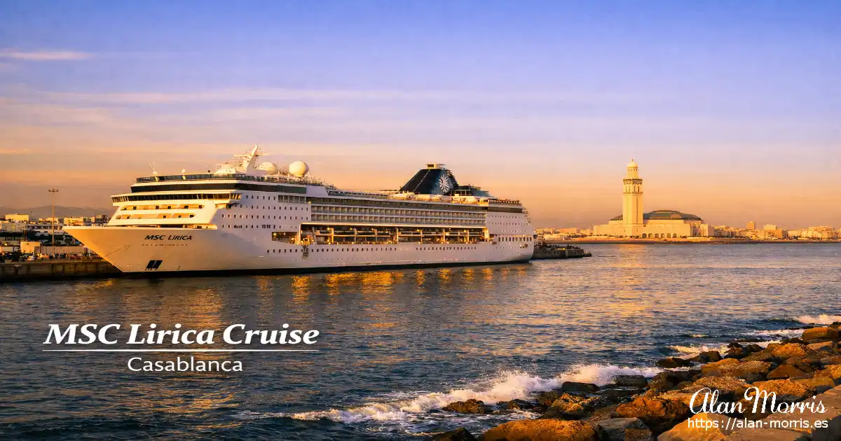 A cruise ship docked in Casablanca with the Hassan II Mosque in the background.