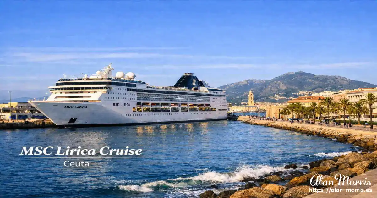A cruise ship docked in Ceuta with the water in front and mountains behind.