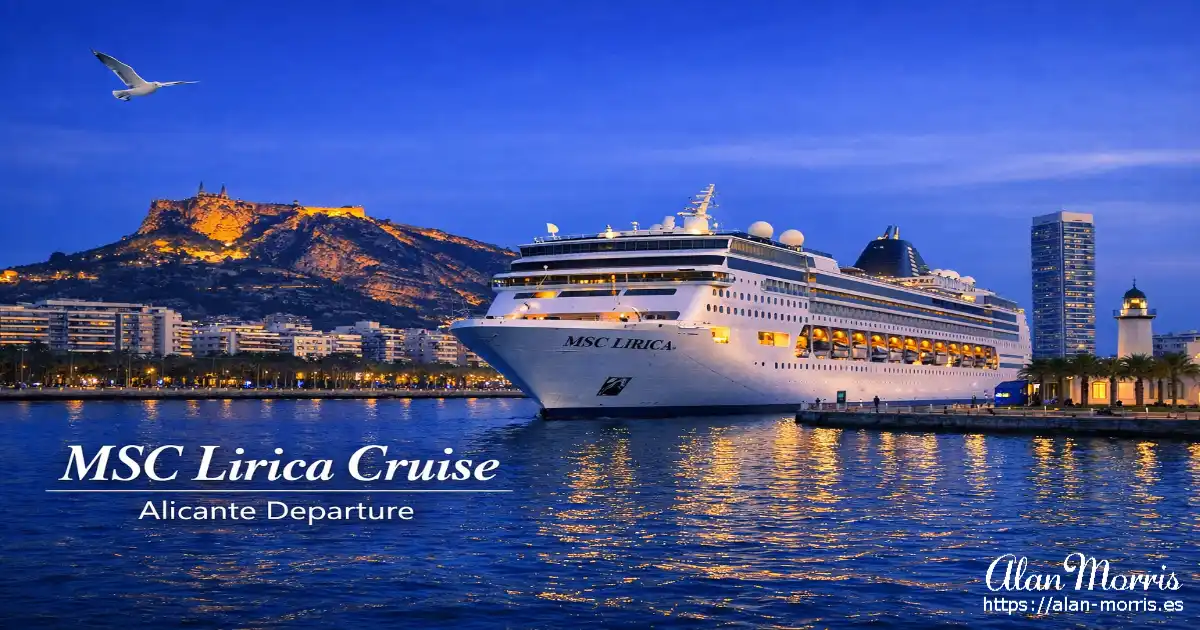 A twilight view of a cruise ship docked in a lit‑up harbor with a city and mountain behind.