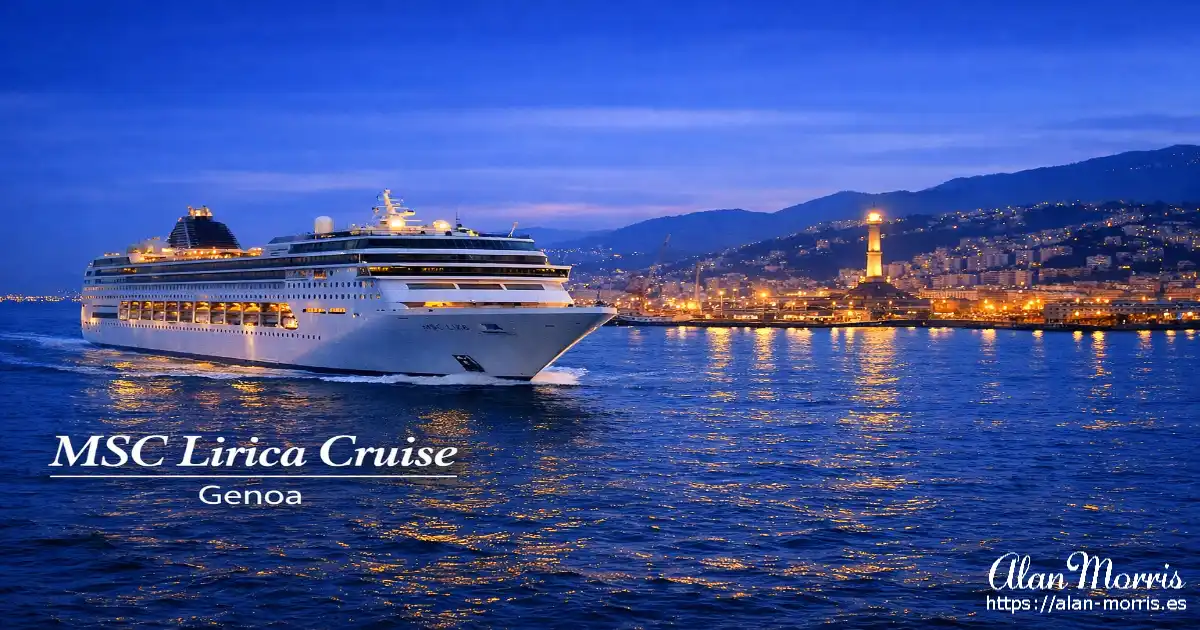 A twilight cruise ship sailing near a brightly lit coastal city with mountains rising behind.