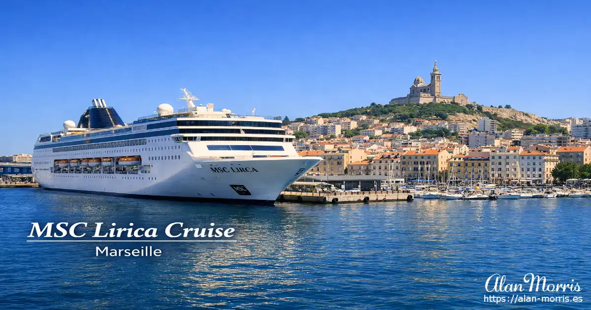 A large white cruise ship docked in a sunny harbor with Marseille’s hillside cityscape rising behind.