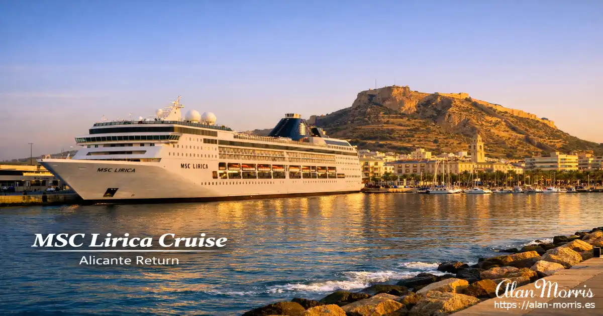 MSC Lirica docked in Alicante at sunset with the castle hill in the background.