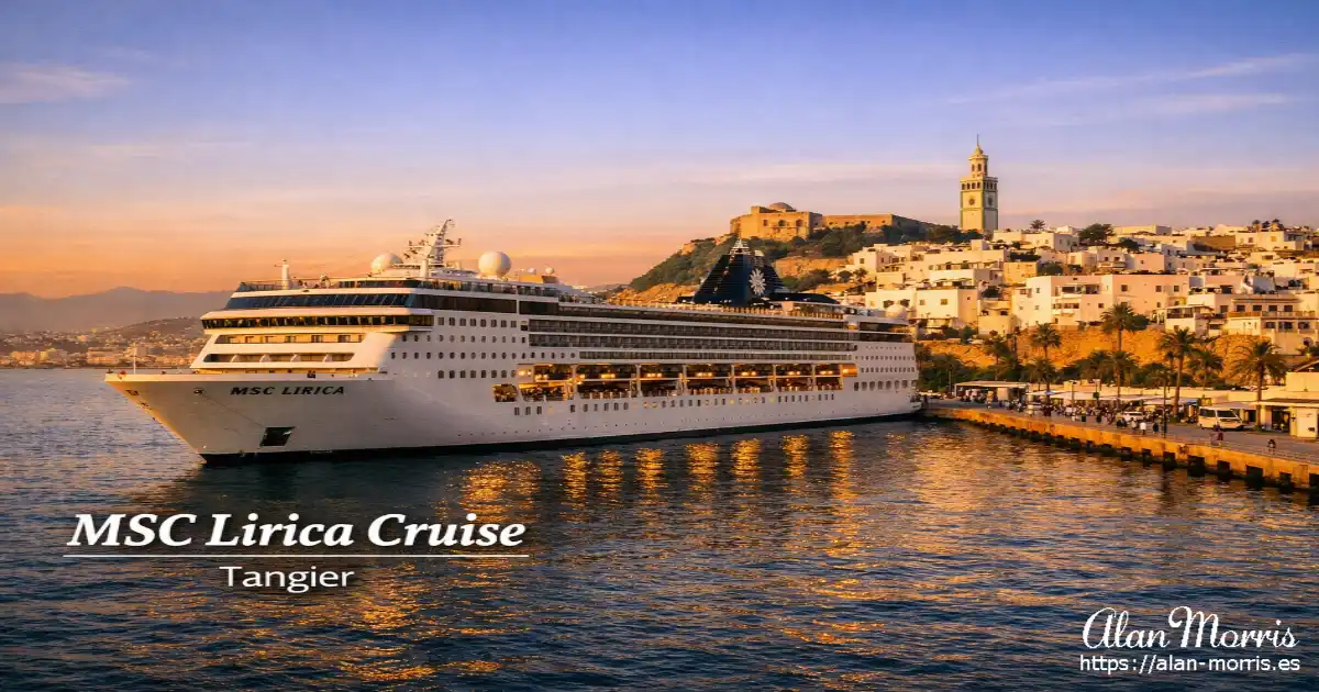 A cruise ship docked in Tangier with the hillside city behind.