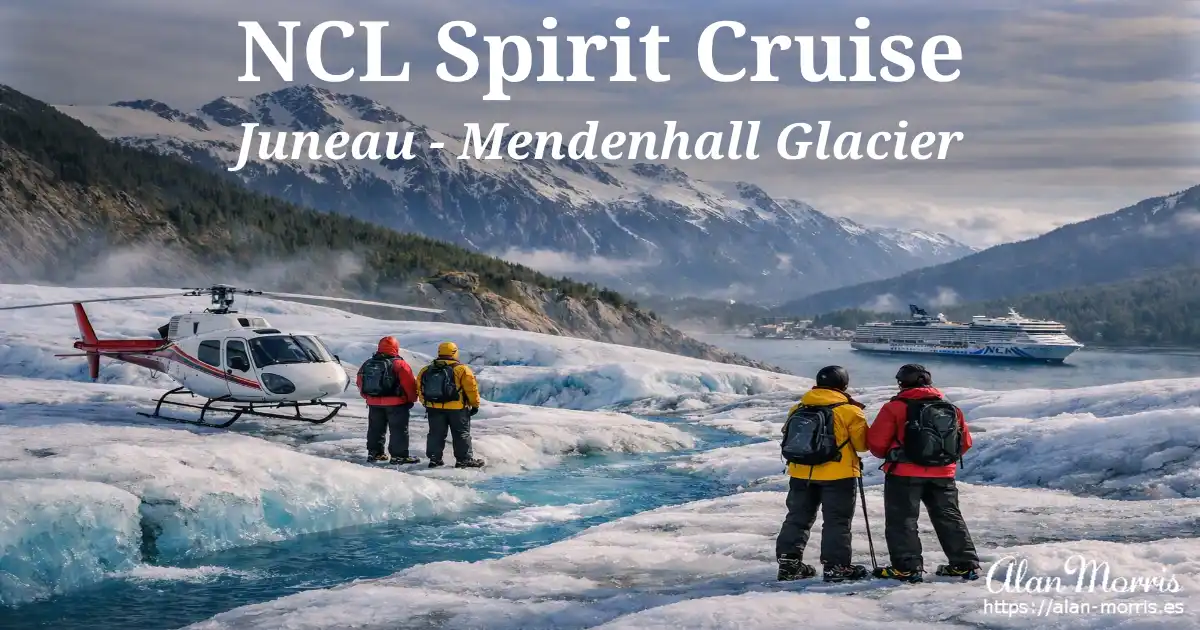    Helicopter landing on Mendenhall Glacier with an NCL cruise ship in the distance.