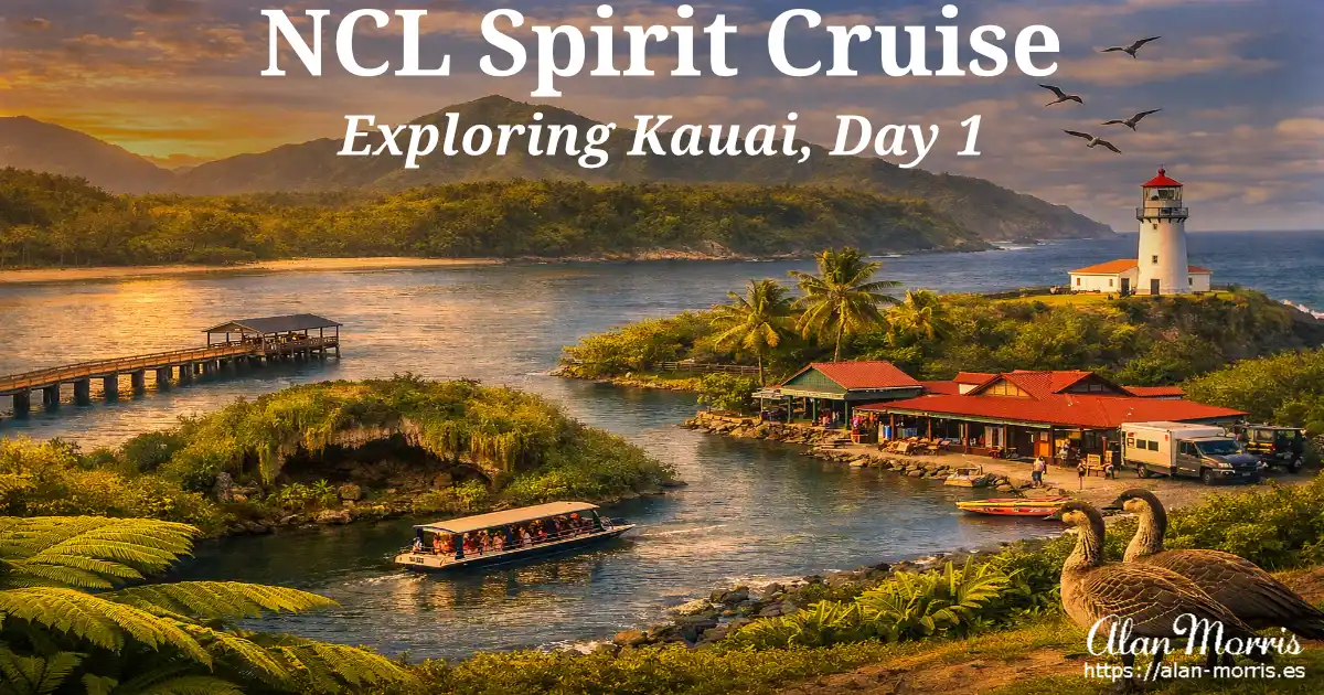 Kauai sunset with river, jetty, village, and lighthouse.