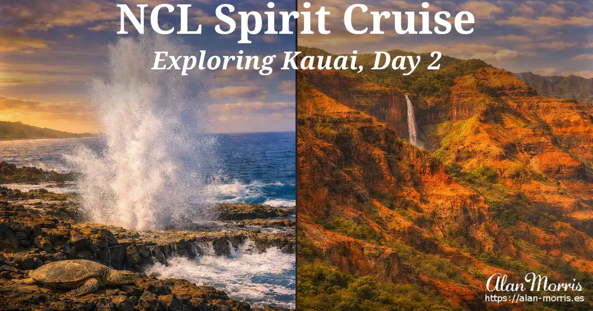 Spouting Horn blowhole and Waimea Canyon cliffs.