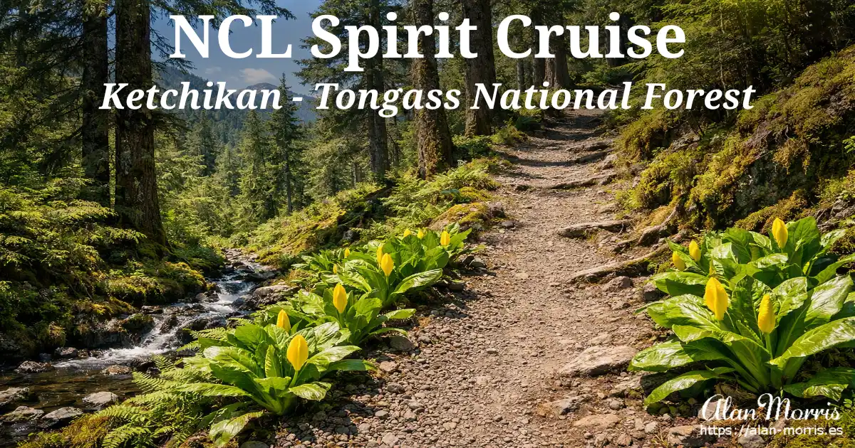 Forest trail beside a stream in Tongass National Forest.