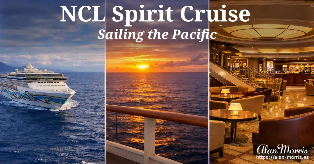 NCL Spirit sailing the Pacific with sunset and interior lounge view
