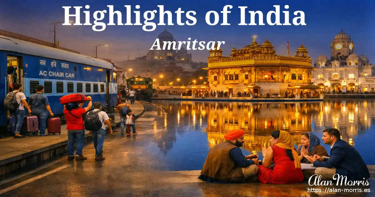 Passengers leaving a blue train at Amritsar station beside the illuminated Golden Temple reflected in still water.