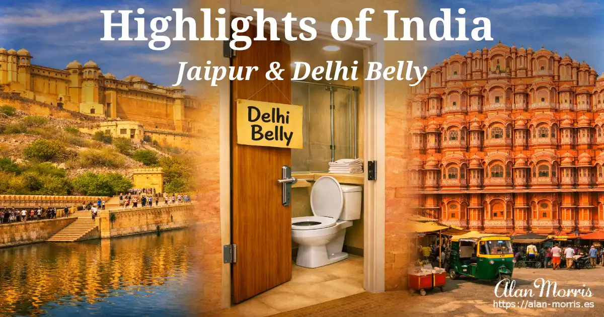 Amber Fort and Hawa Mahal with an open hotel bathroom door marked “Delhi Belly” in the centre.