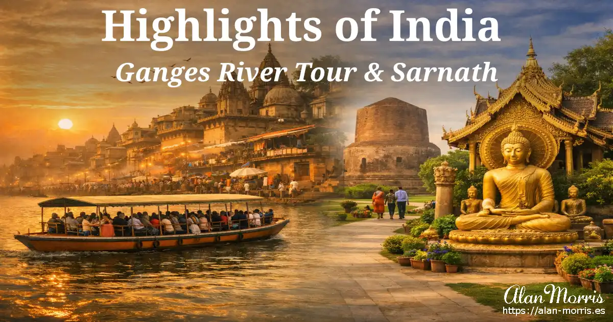 Tourist boat with canopy gliding along the Ganges at sunrise beside Varanasi ghats, Sarnath’s golden Buddha and Dhamek Stupa.