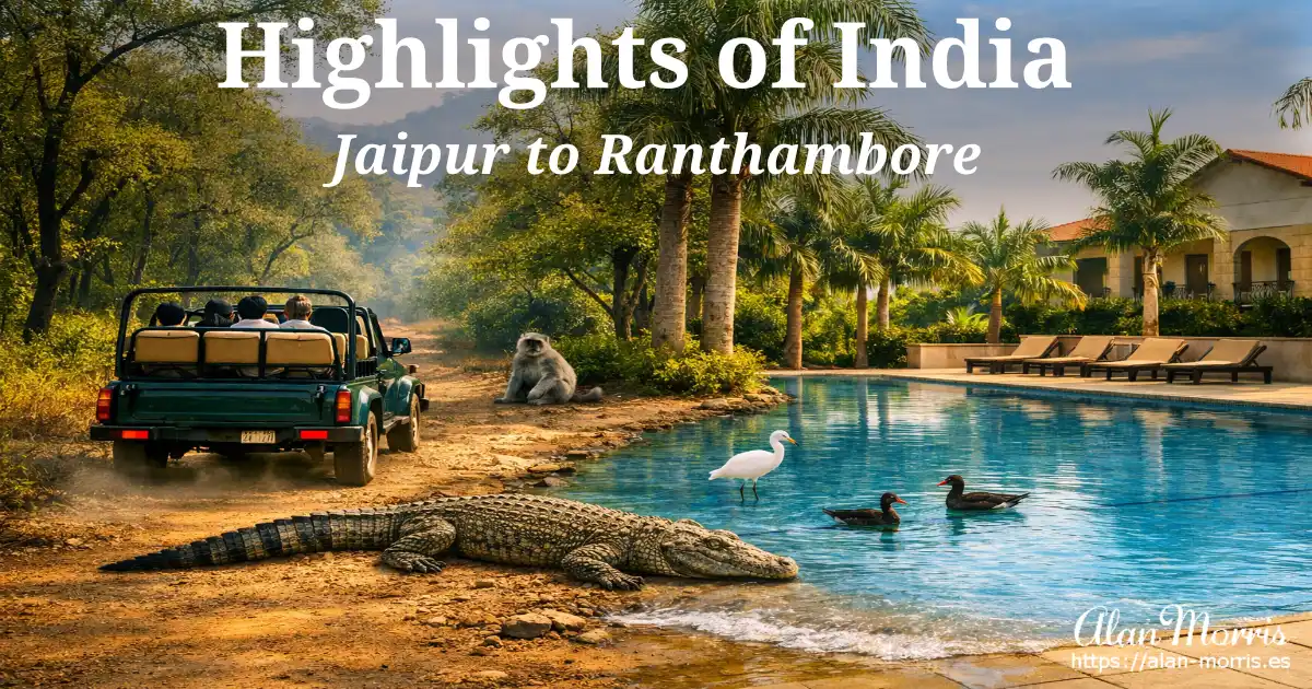Safari jeep on a dusty track beside a pool where a crocodile rests, birds wade in the water, and a langur sits near the trees.