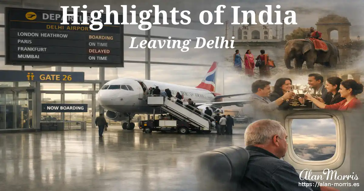 Passengers boarding a plane at Delhi Airport while a man looks out an airplane window remembering India