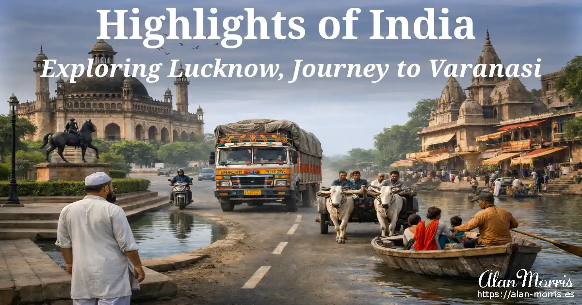 Lucknow’s Bara Imambara, a rural road with a decorated truck and ox cart, and a boat on the Ganges in Varanasi.