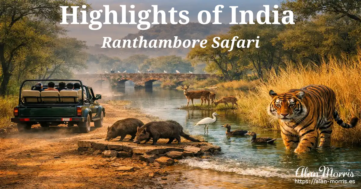 Safari jeep on a dusty track with boars, peacocks, deer at a lake, stone bridge, and a tiger in tall grass.