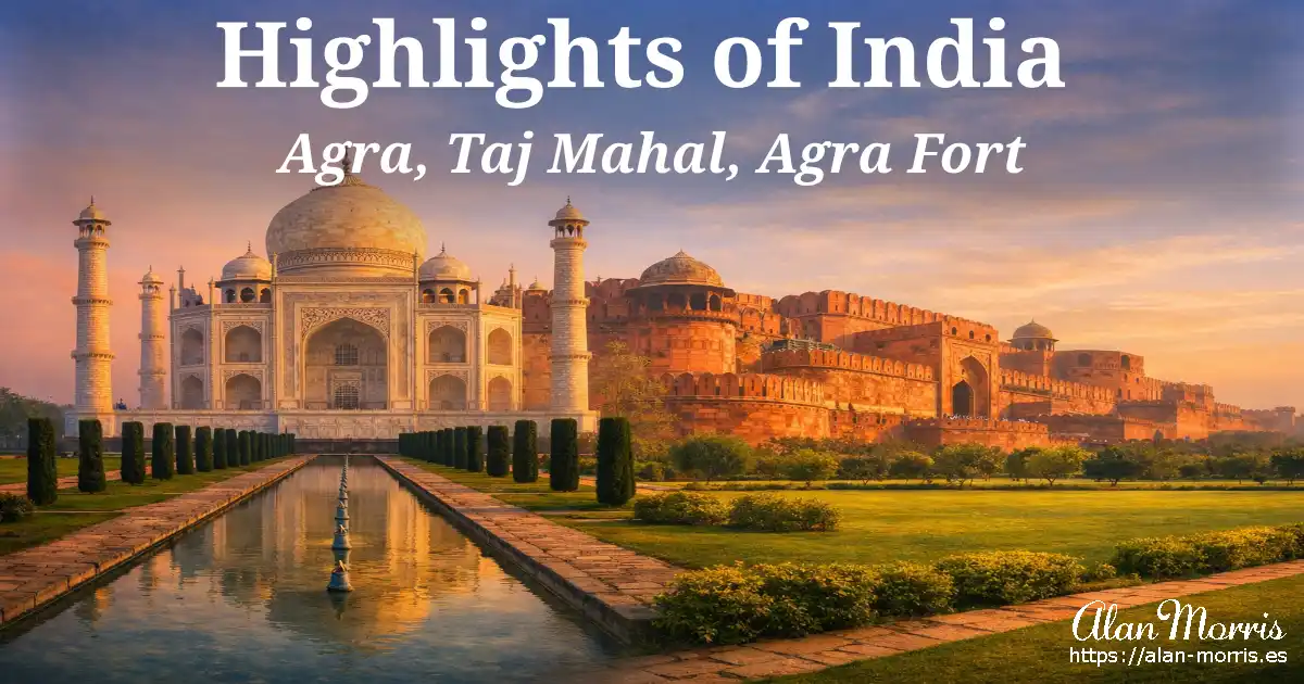  Taj Mahal at sunrise with Agra Fort receding behind, framed by gardens and reflection pool in Agra, India.