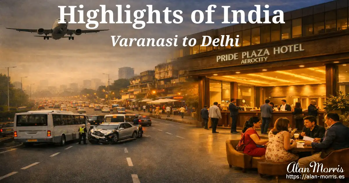 Airplane descending over a busy Delhi highway with a traffic accident and tour bus, blending into the Pride Plaza Hotel Aerocity entrance and evening lobby scene.