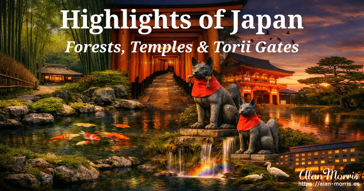 bamboo forest, koi pond, Fushimi Inari torii gates and fox statues, sunset park, and Miyako Hotel