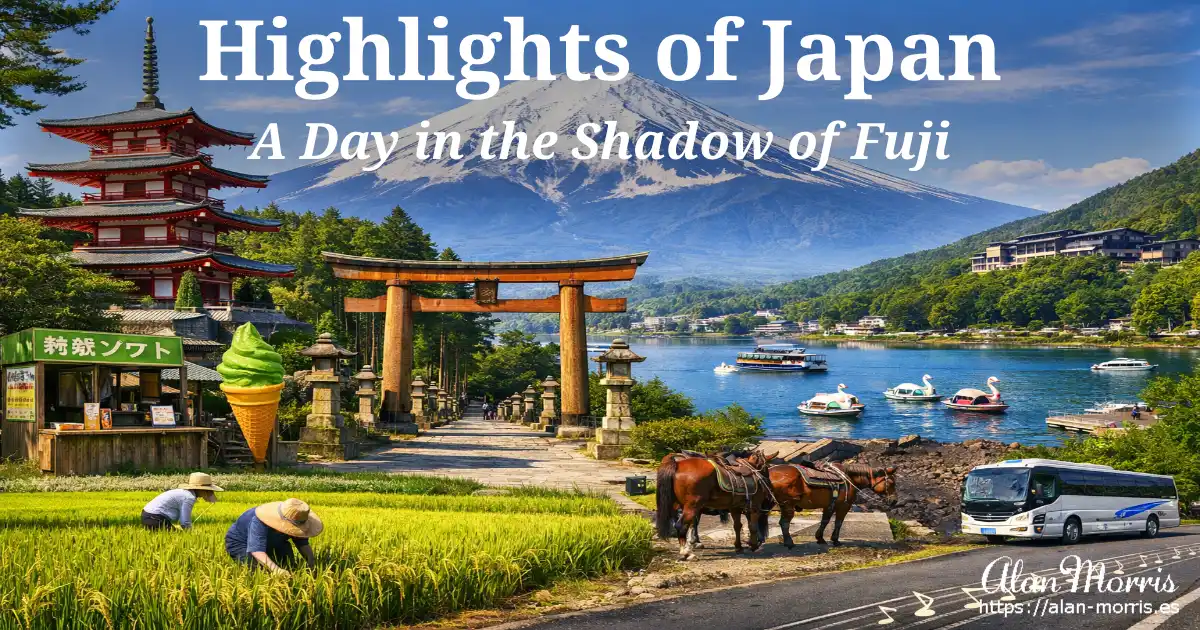 Mount Fuji daytime view with pagoda, torii gate, rice fields, lake boats, horses, and tour coach.
