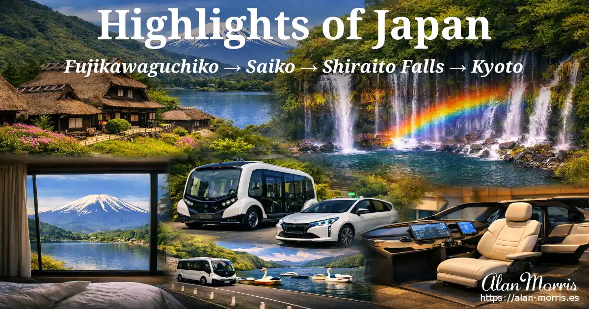 Mount Fuji with Saiko village, rainbow‑lit Shiraito Falls, Toyota prototypes, and Lexus interior.