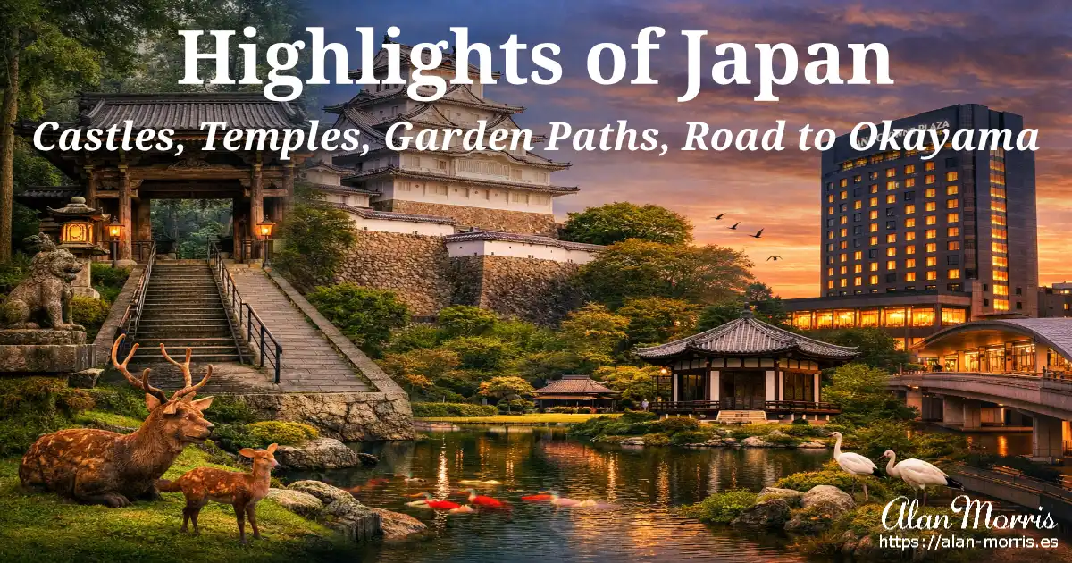 Mount Shosha Engyō‑ji temple gate, Himeji Castle, Kōraku‑en Garden with cranes, and Okayama at sunset.