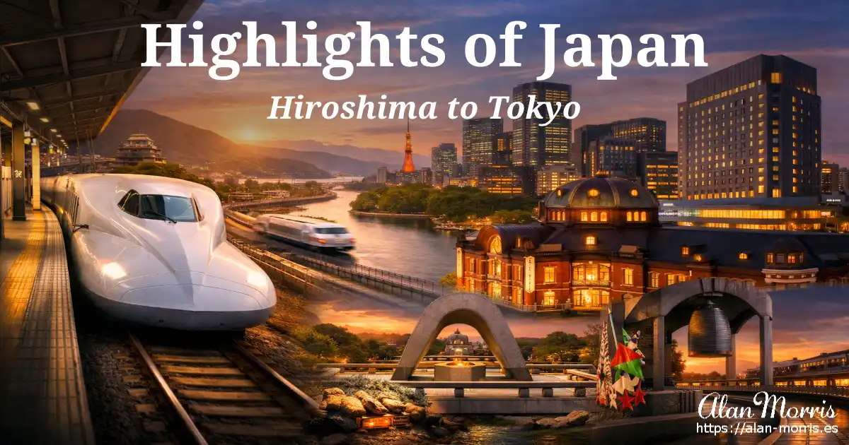 Shinkansen departing Hiroshima, high‑speed countryside tilt, arrival at Tokyo Station