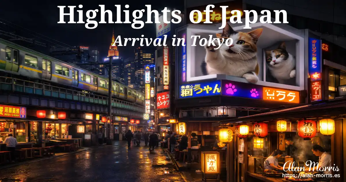 Tokyo night scene with 3D cat billboards, train, and glowing izakaya lanterns.