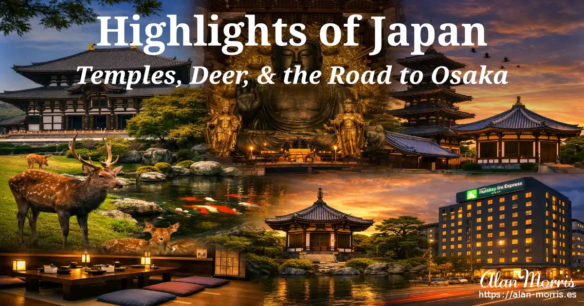 Nara deer park with Todai‑ji temple and Buddha statue, Hōryū‑ji pagoda, Yumedono hall, Osaka hotel, and Japanese restaurant