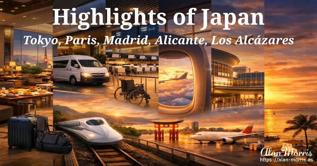 Airport shuttle, Tokyo departure hall, airplane window view, connecting flights through Paris, Madrid and Alicante, and sunset arrival in Los Alcázares