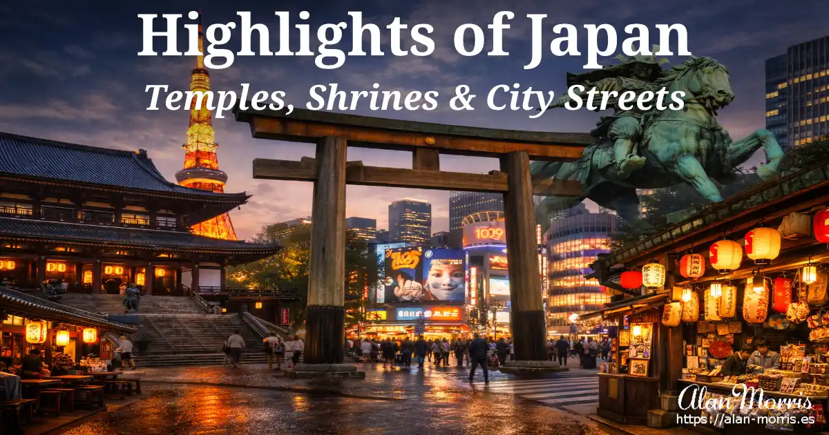 Tokyo evening scene with Zojoji Temple, Tokyo Tower, Meiji torii gate, samurai statue, and Shibuya lights.