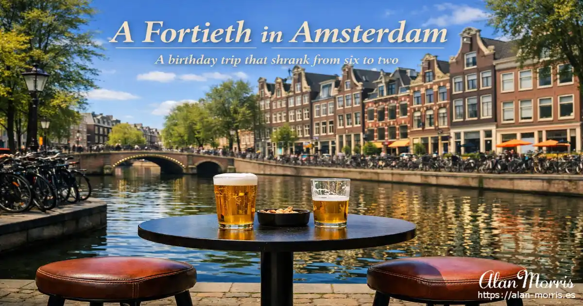 Beer on a canal side table in Amsterdam.