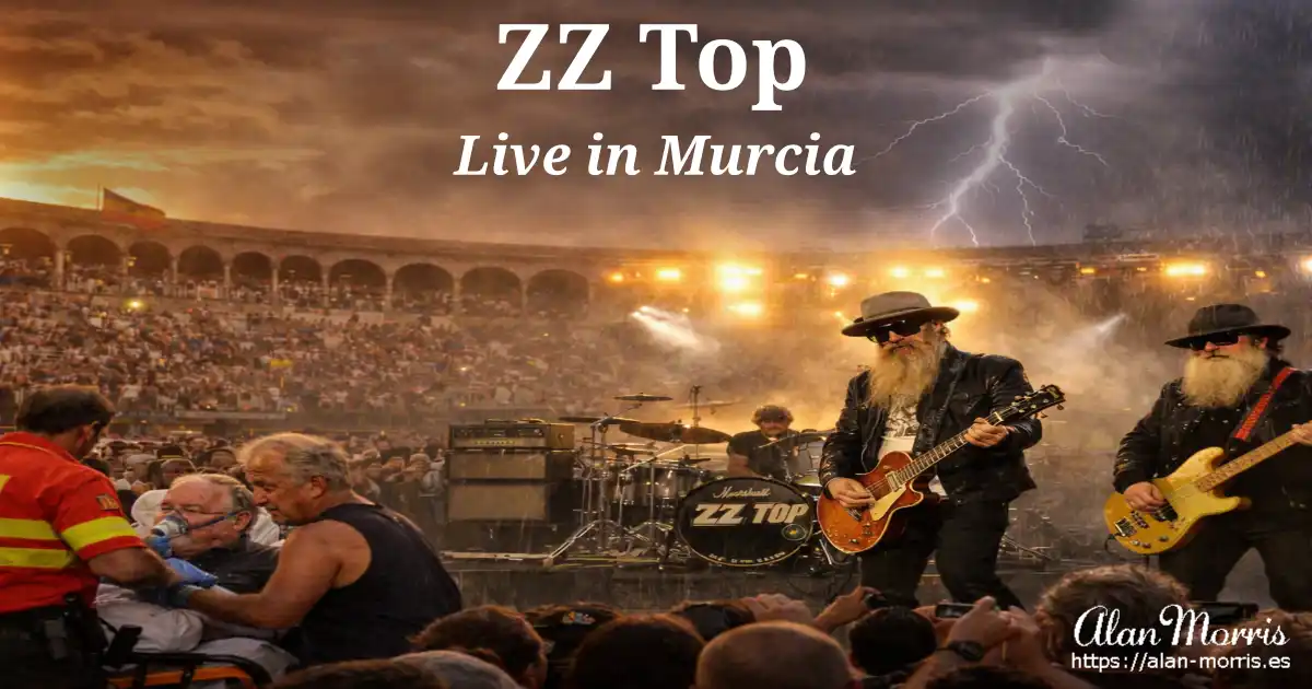 Concert scene with ZZ Top performing on a rainy stadium stage while medics assist someone in the foreground.