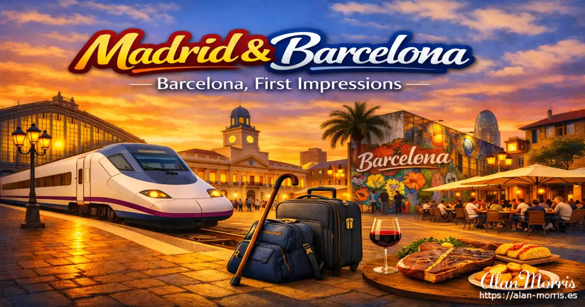 Madrid–Barcelona travel scene with high‑speed train, luggage, graffiti wall, and tapas at sunset.