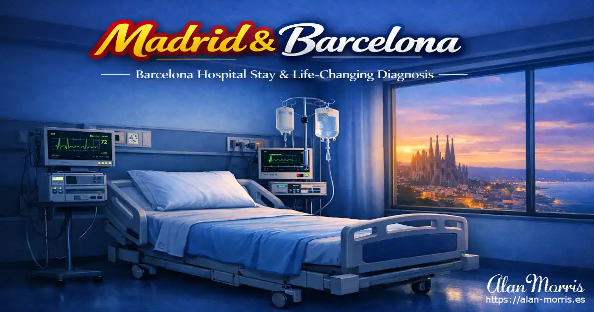 Empty hospital bed with monitors and IV stand at University Hospital Barcelona, window showing Sagrada Familia at sunset.