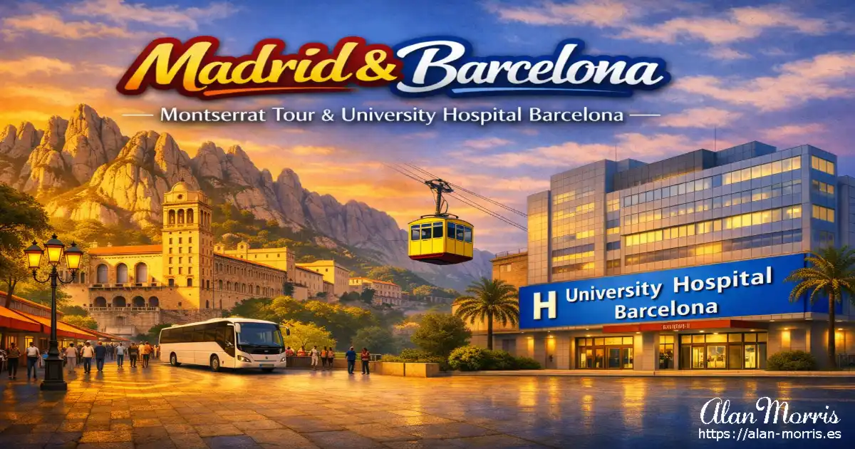 Montserrat monastery and mountains on the left, University Hospital Barcelona on the right under warm‑to‑cool light.