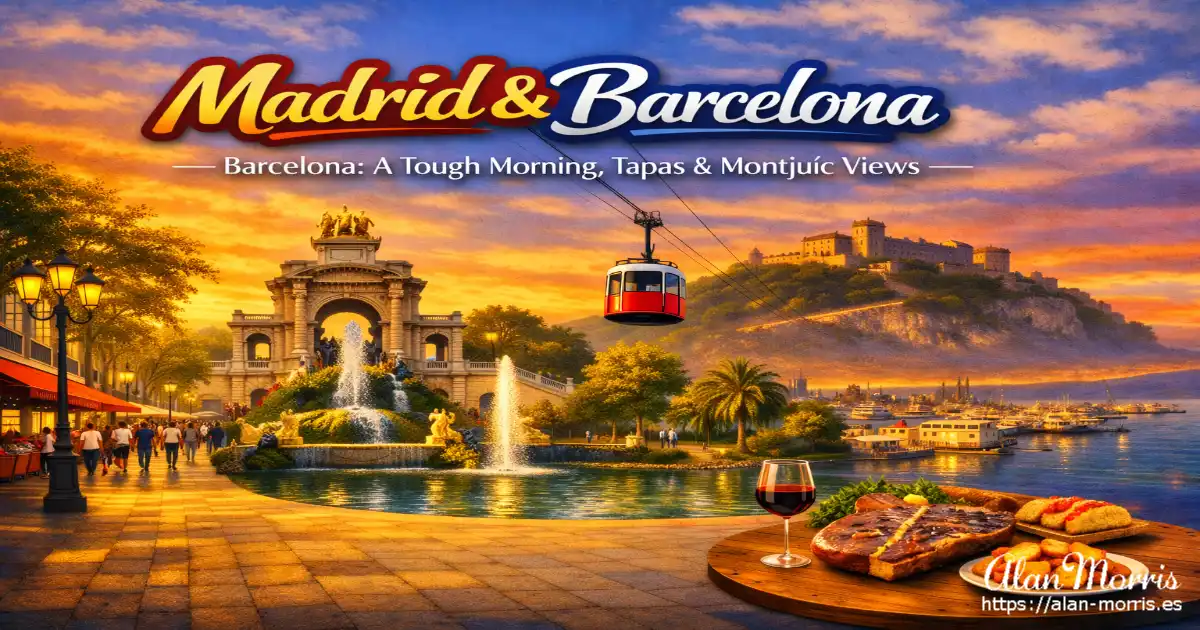 Las Ramblas and Parc de la Ciutadella leading to Montjuïc Castle cable car, with tapas meal at sunset.