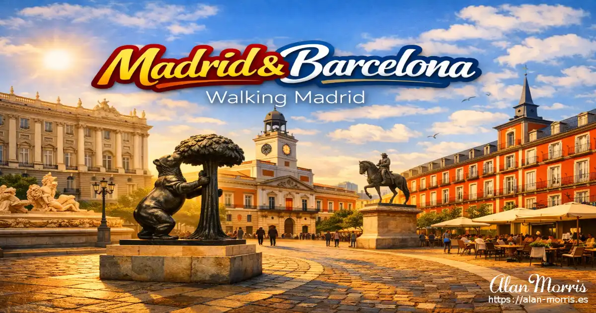 View of Madrid’s Puerta del Sol with the Bear and Strawberry Tree statue, clock tower, and plaza cafés.