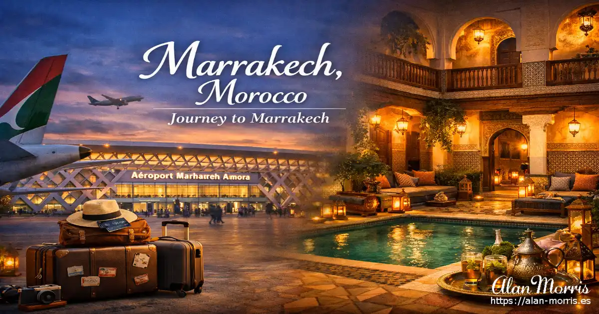 Airport scene with plane and luggage beside a Moroccan courtyard with pool and lanterns.