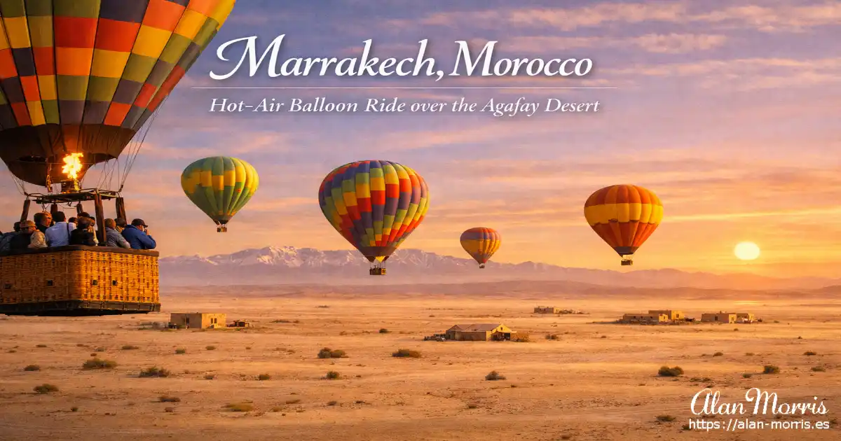 Hot‑air balloons floating over the Agafay Desert at sunrise.