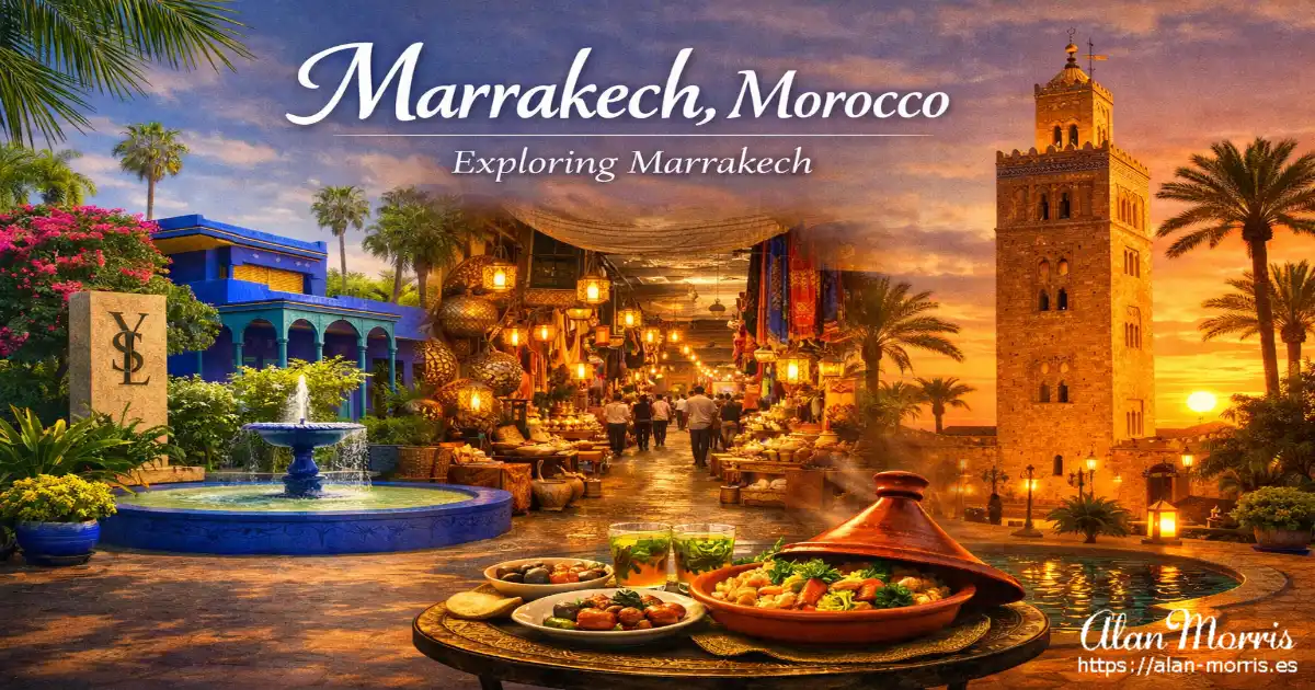 Majorelle Garden, busy Marrakech souk, and Koutoubia Mosque at sunset with Moroccan food.