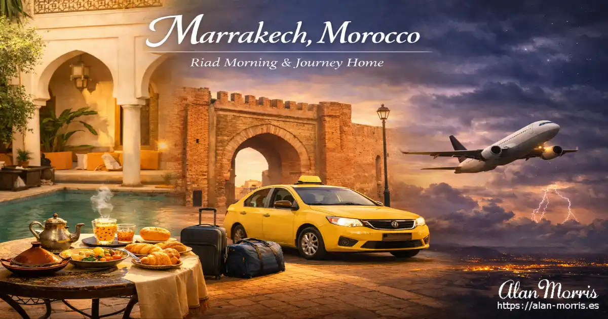 Riad breakfast, taxi by Marrakech gate, and plane taking off into a stormy sky.